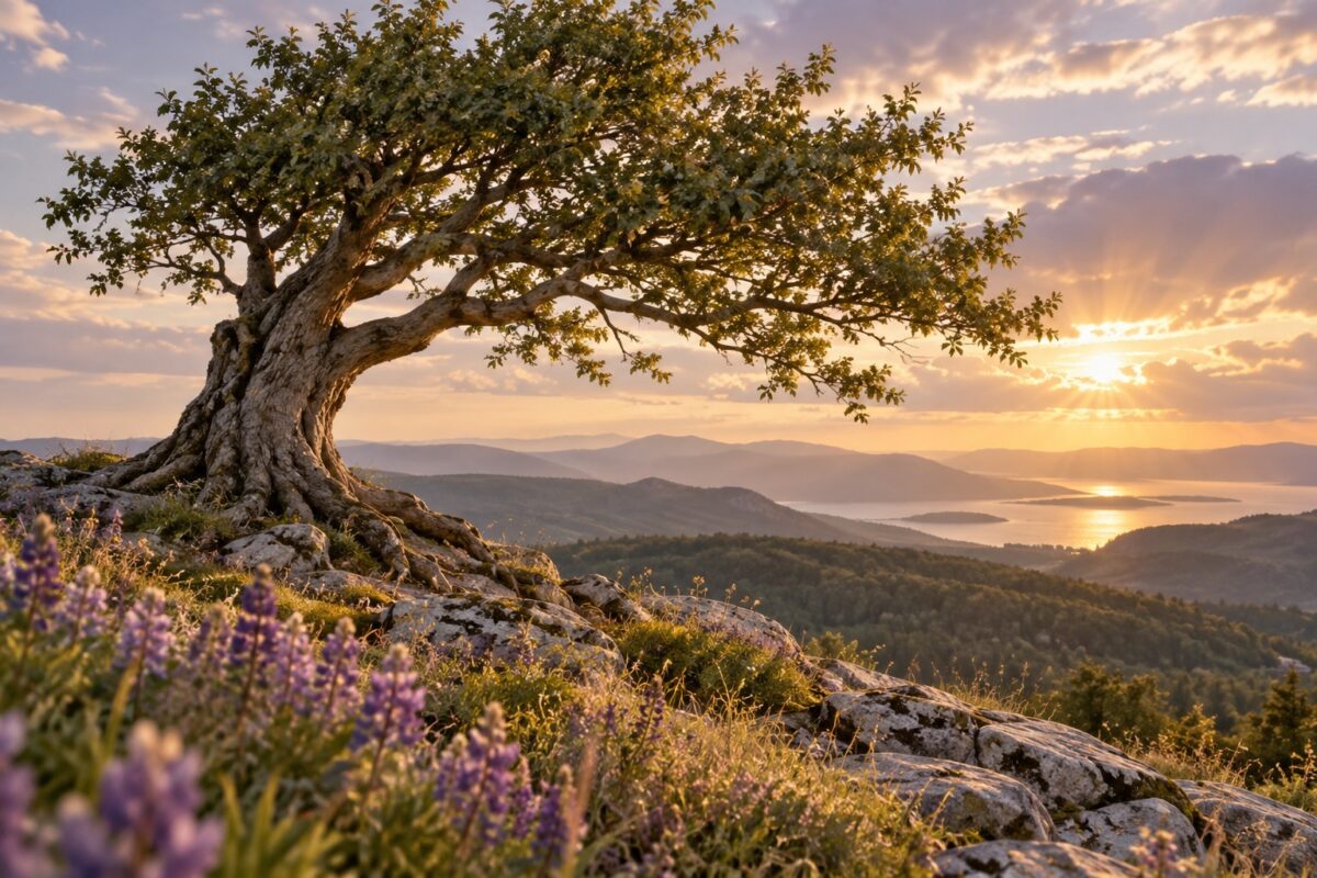 A rooted tree bends gently in the wind as sunlight breaks through clouds above purple wildflowers.
