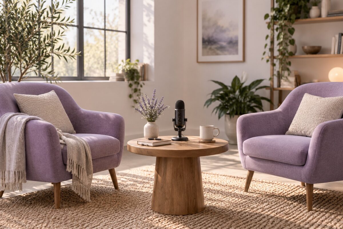 Two lavender chairs with a tabletop microphone and notebook in a quiet, sunlit studio.