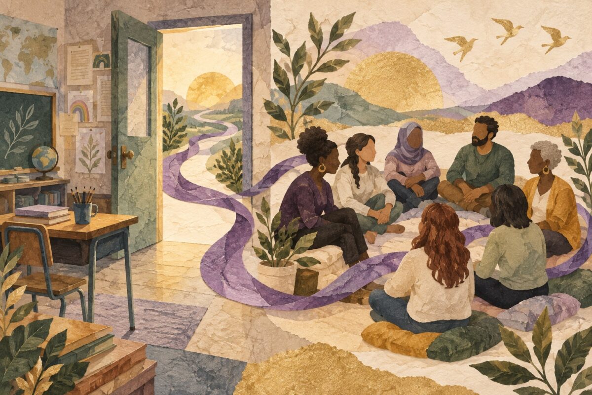 Illustration of a classroom doorway leading to a diverse circle of adults connected by a purple path.