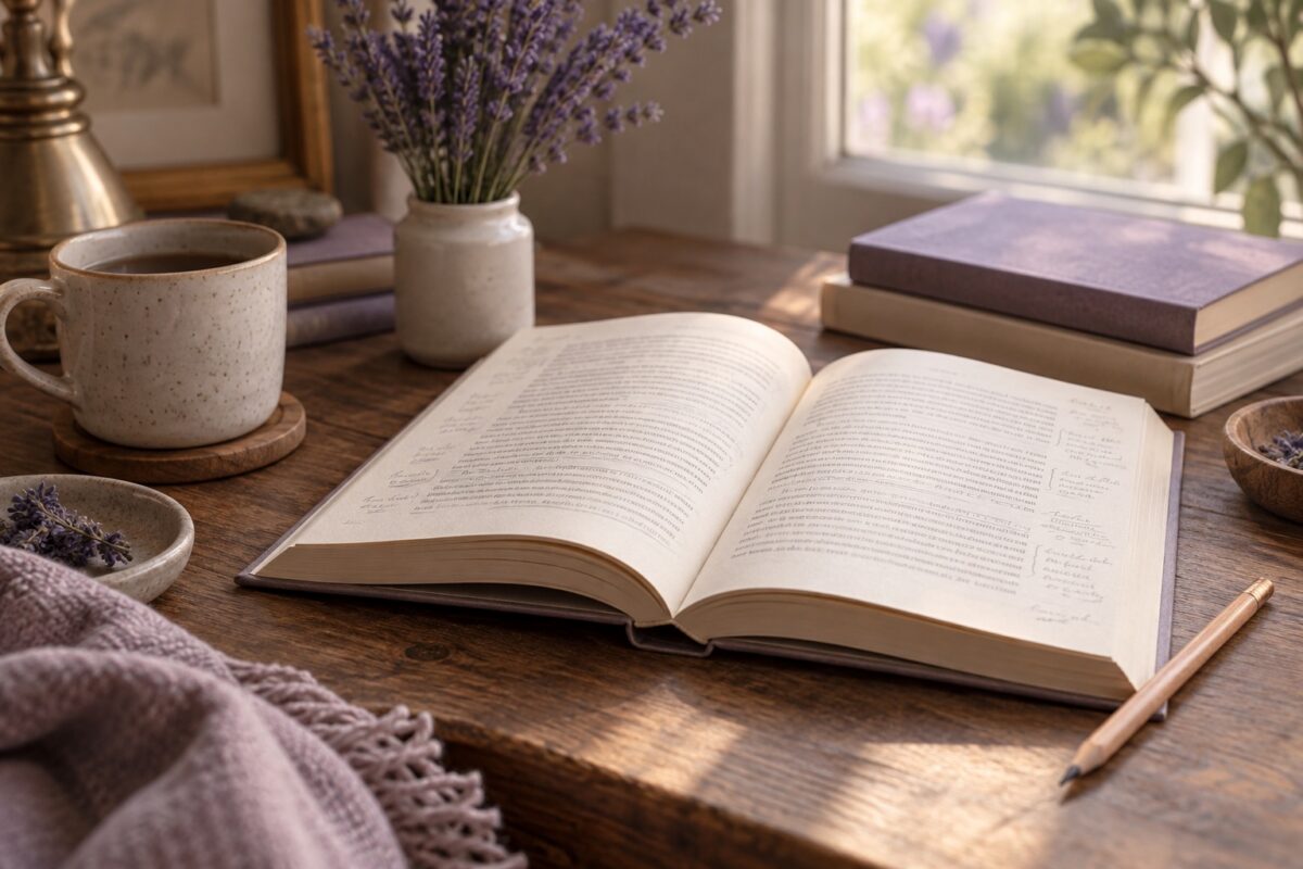 An open book with handwritten notes, a pencil, and lavender flowers on a wooden desk.