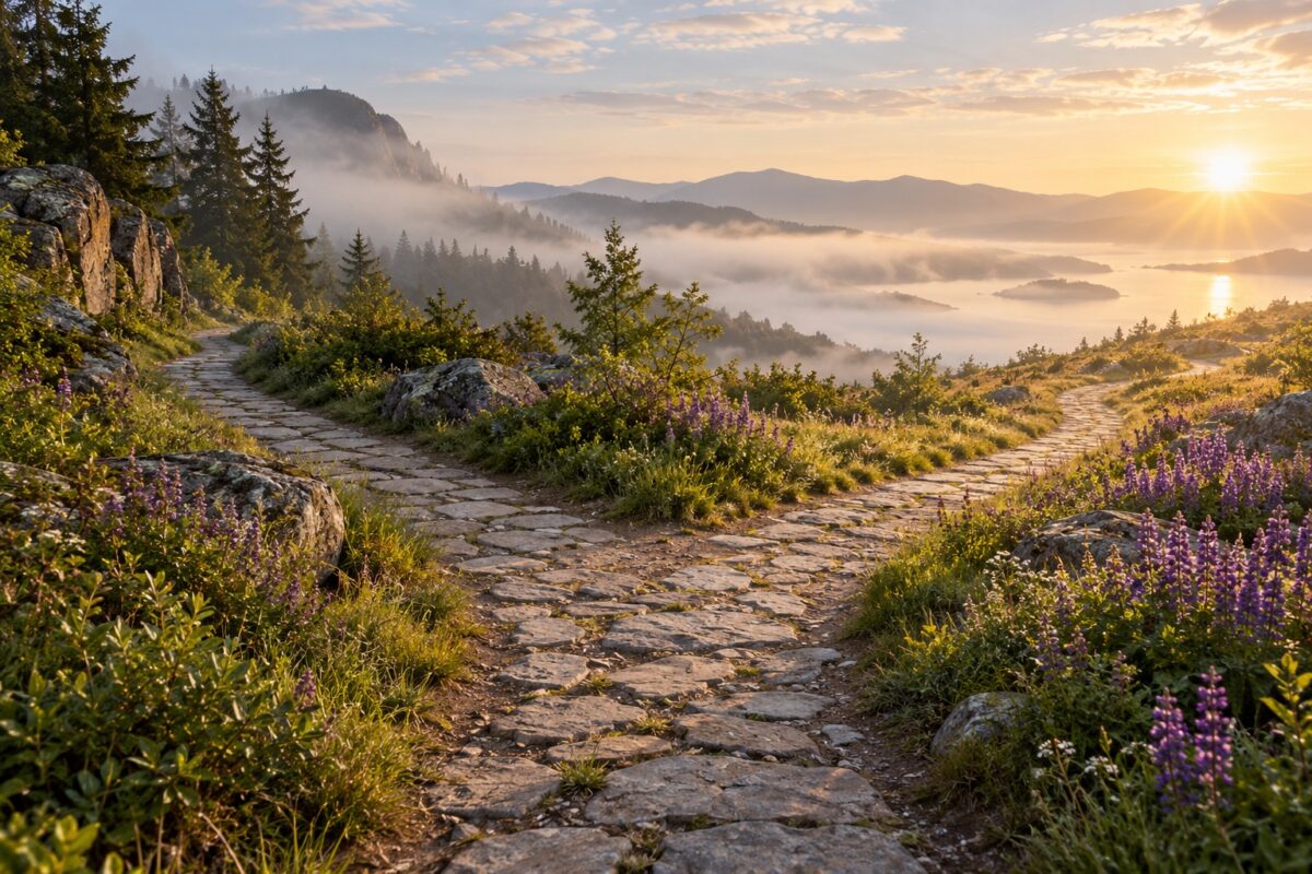 A stone path branches toward a sunlit landscape bordered by purple wildflowers.