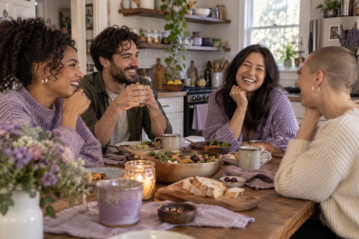 A group of adult friends laughing together around a kitchen table with a shared meal.