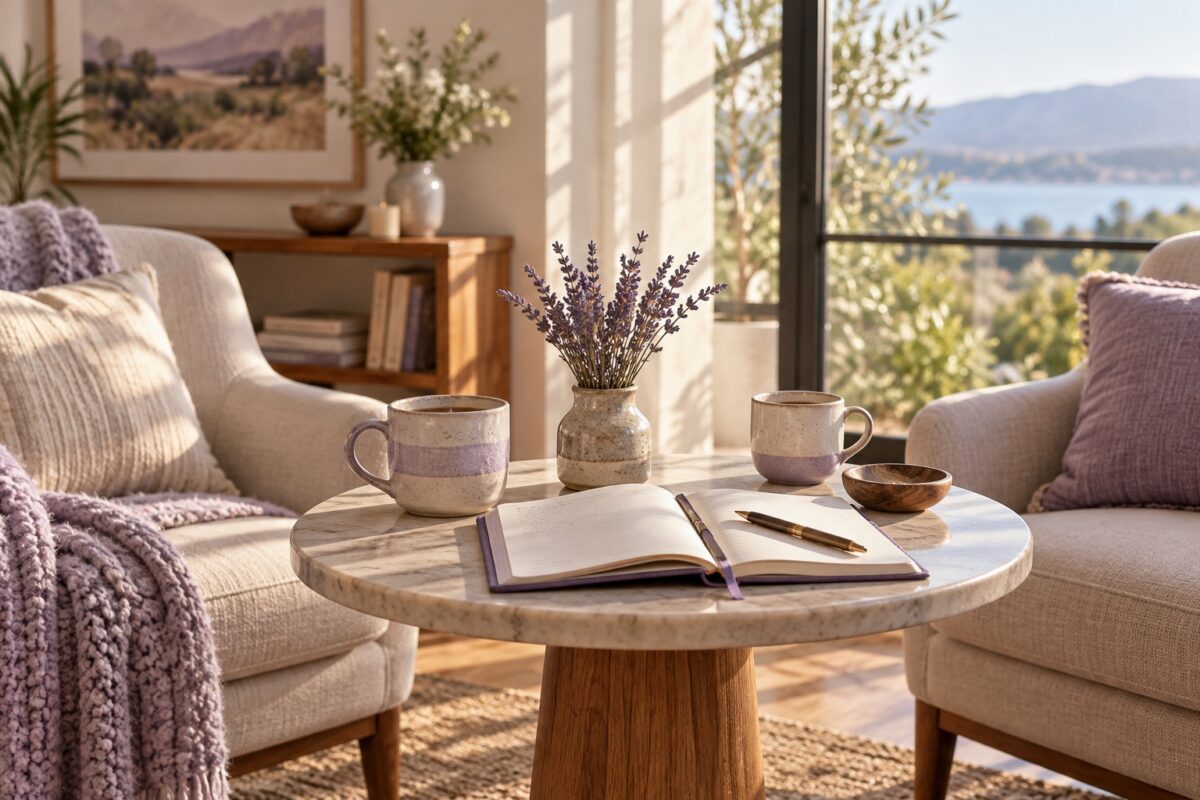An open journal and two ceramic mugs on a table between two chairs in a sunlit room.