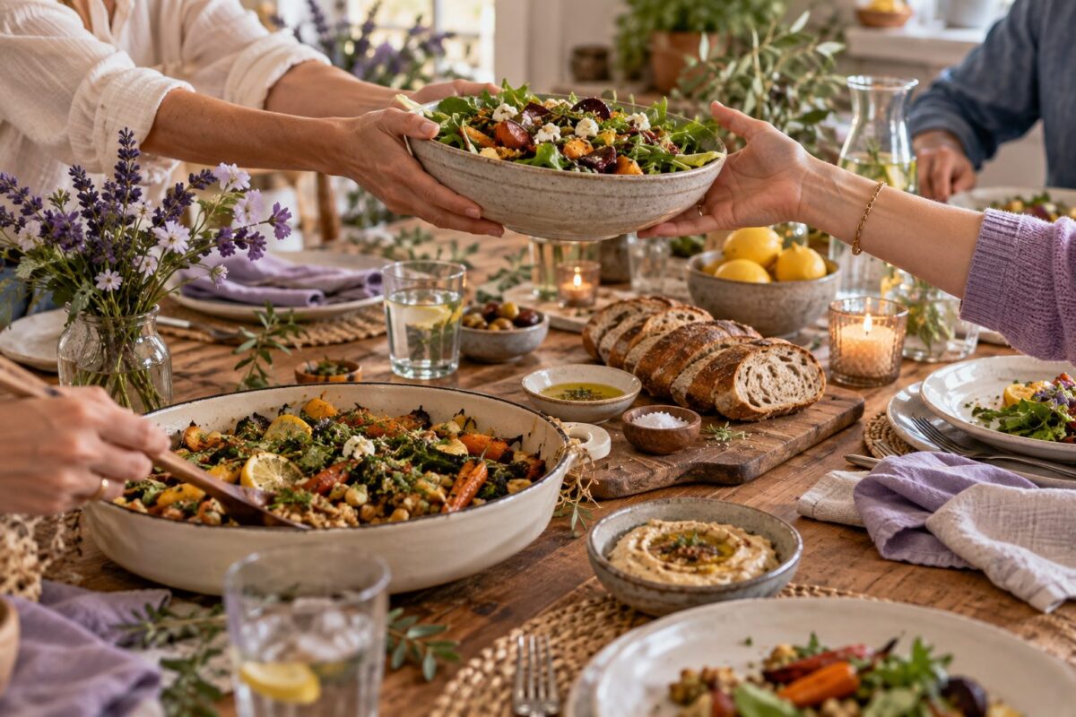 A welcoming kitchen table with a shared meal and hands serving bowls.