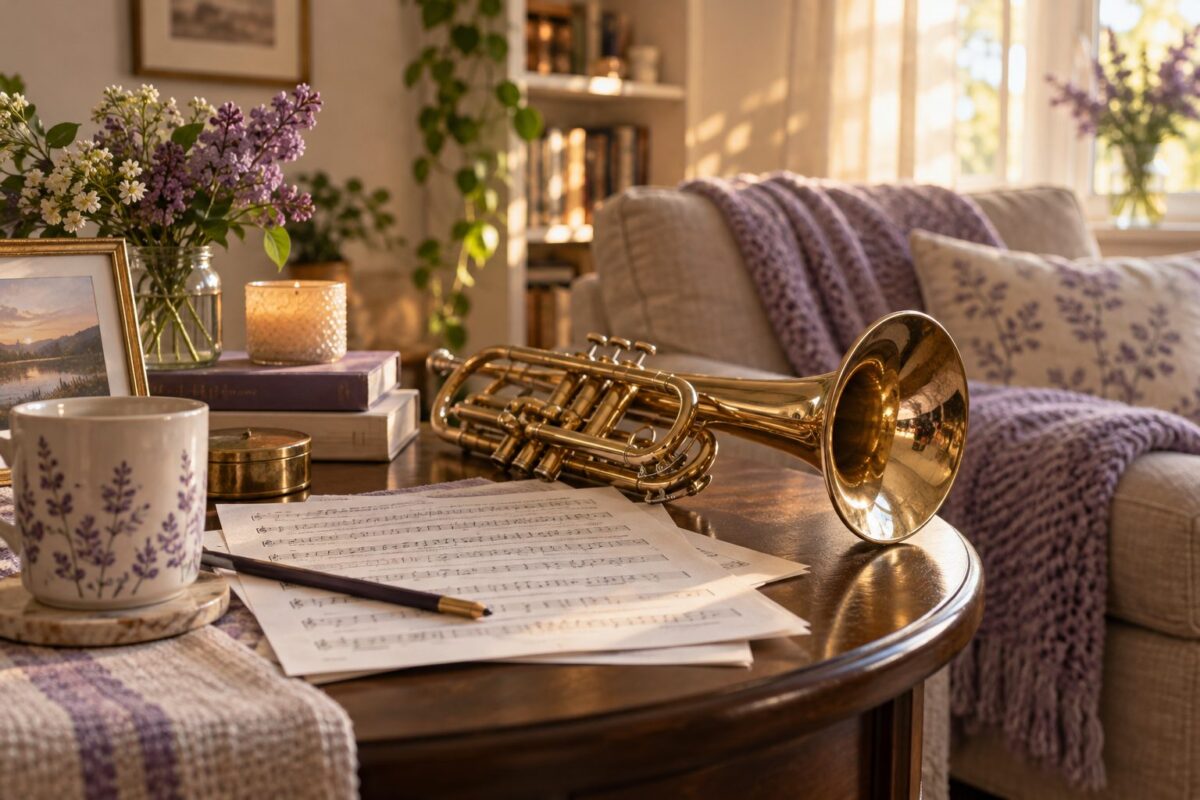A brass marching-band instrument and sheet music on a living-room side table.