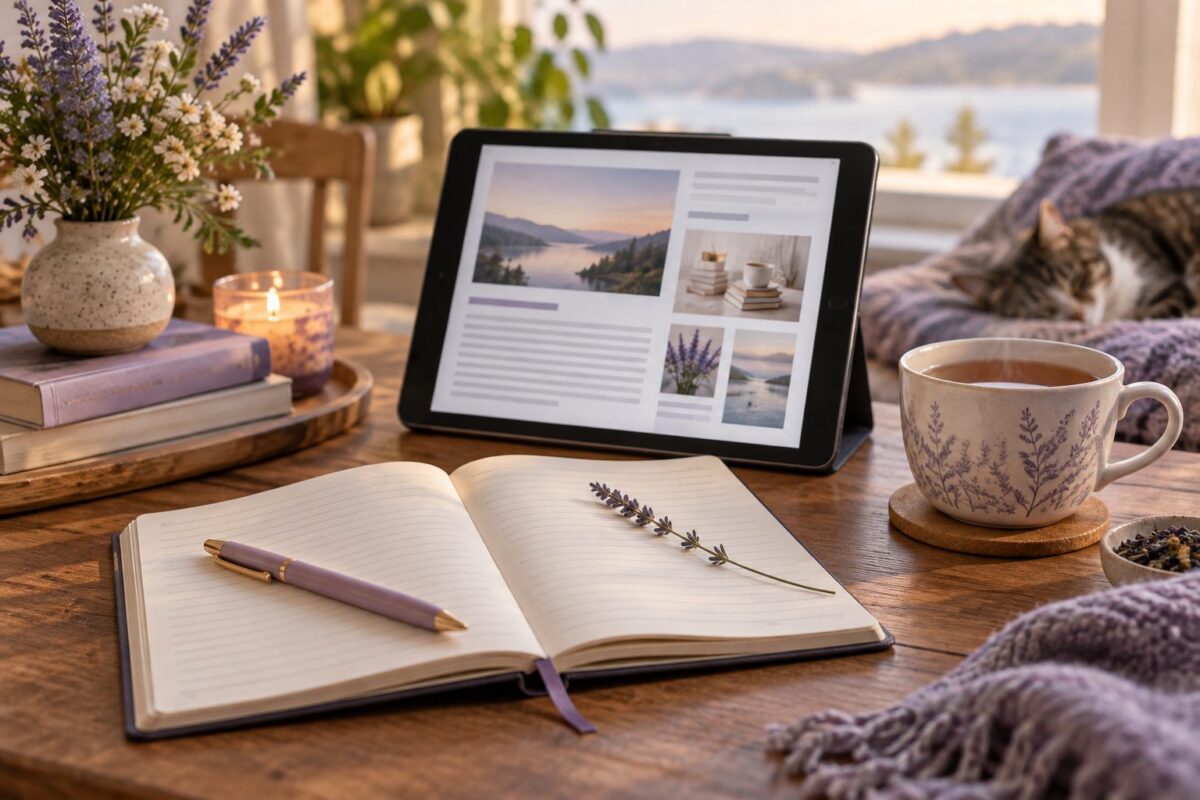 An open notebook, a tablet showing an article layout, and a cup of tea.