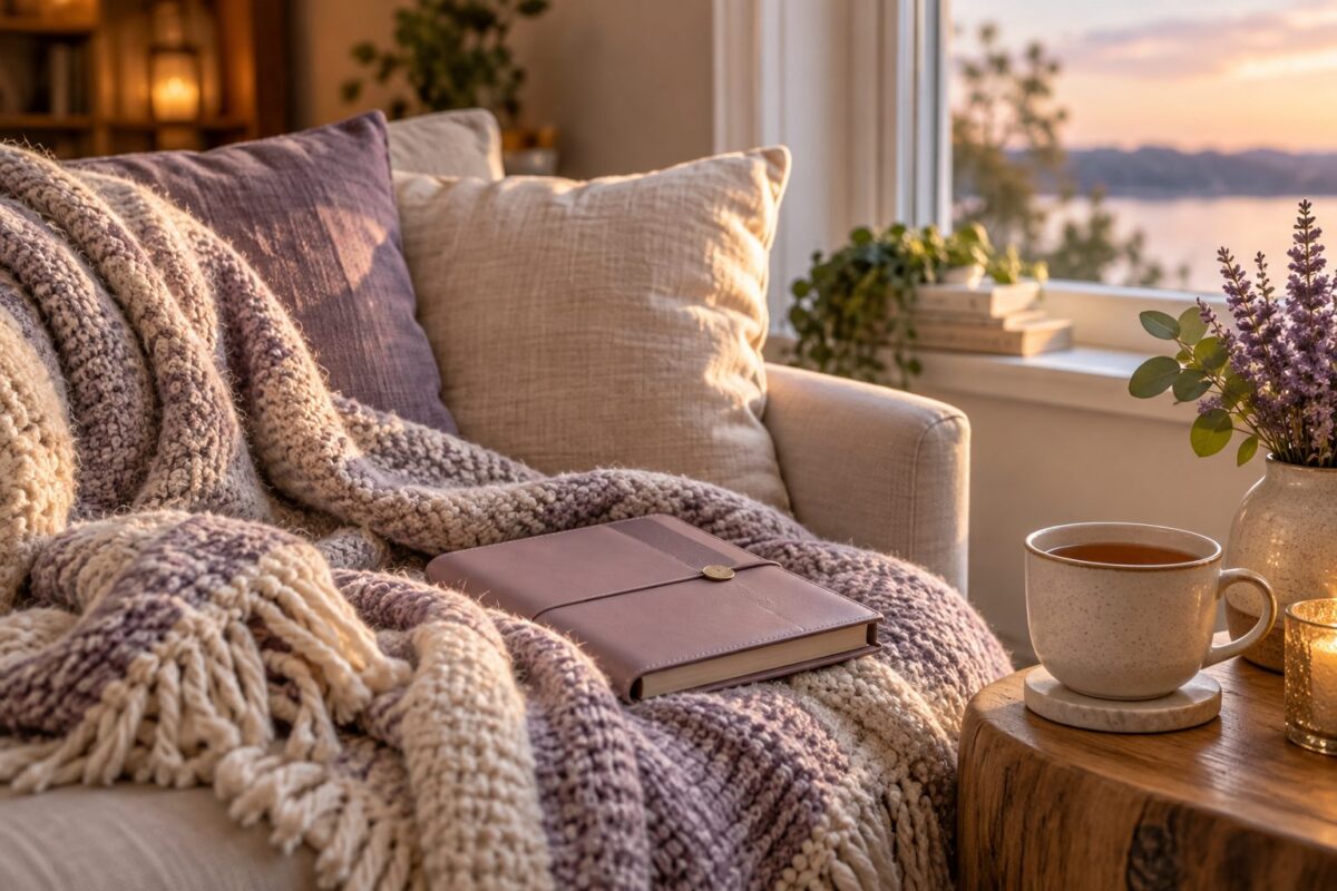 A closed planner, blanket, and tea on a sofa beside a window.
