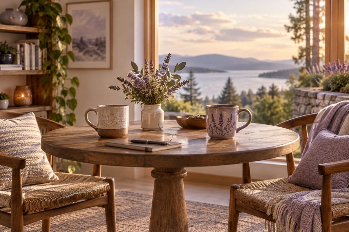 Two different mugs on a round table beside comfortable chairs overlooking a lake.
