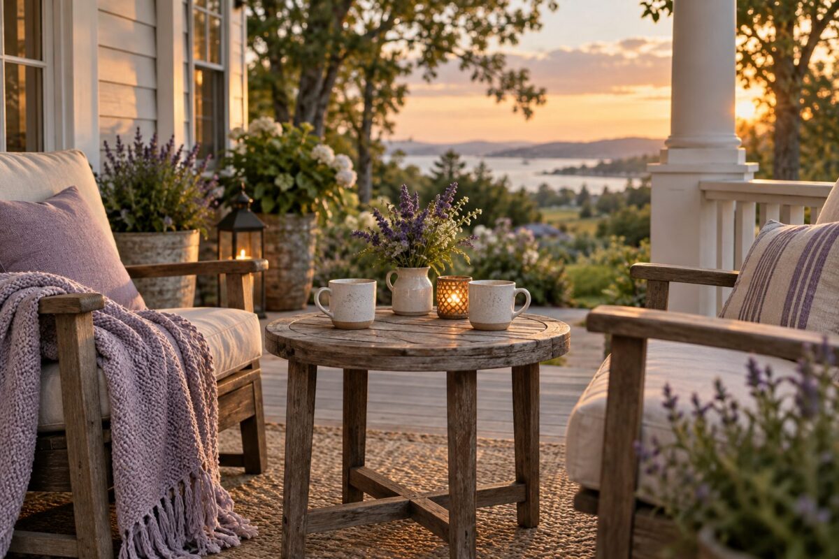 Two cups on a porch table between chairs overlooking a peaceful landscape.