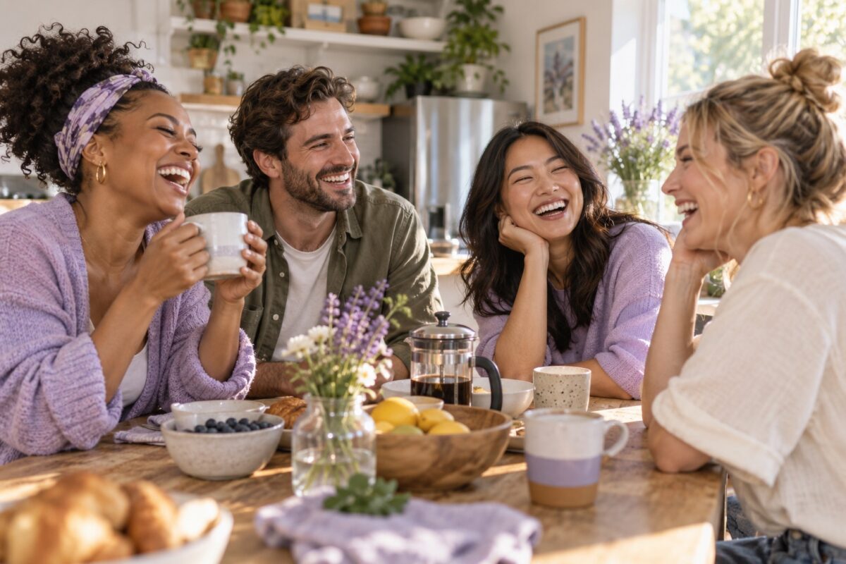 A small group of friends laughing together around a sunlit kitchen table.