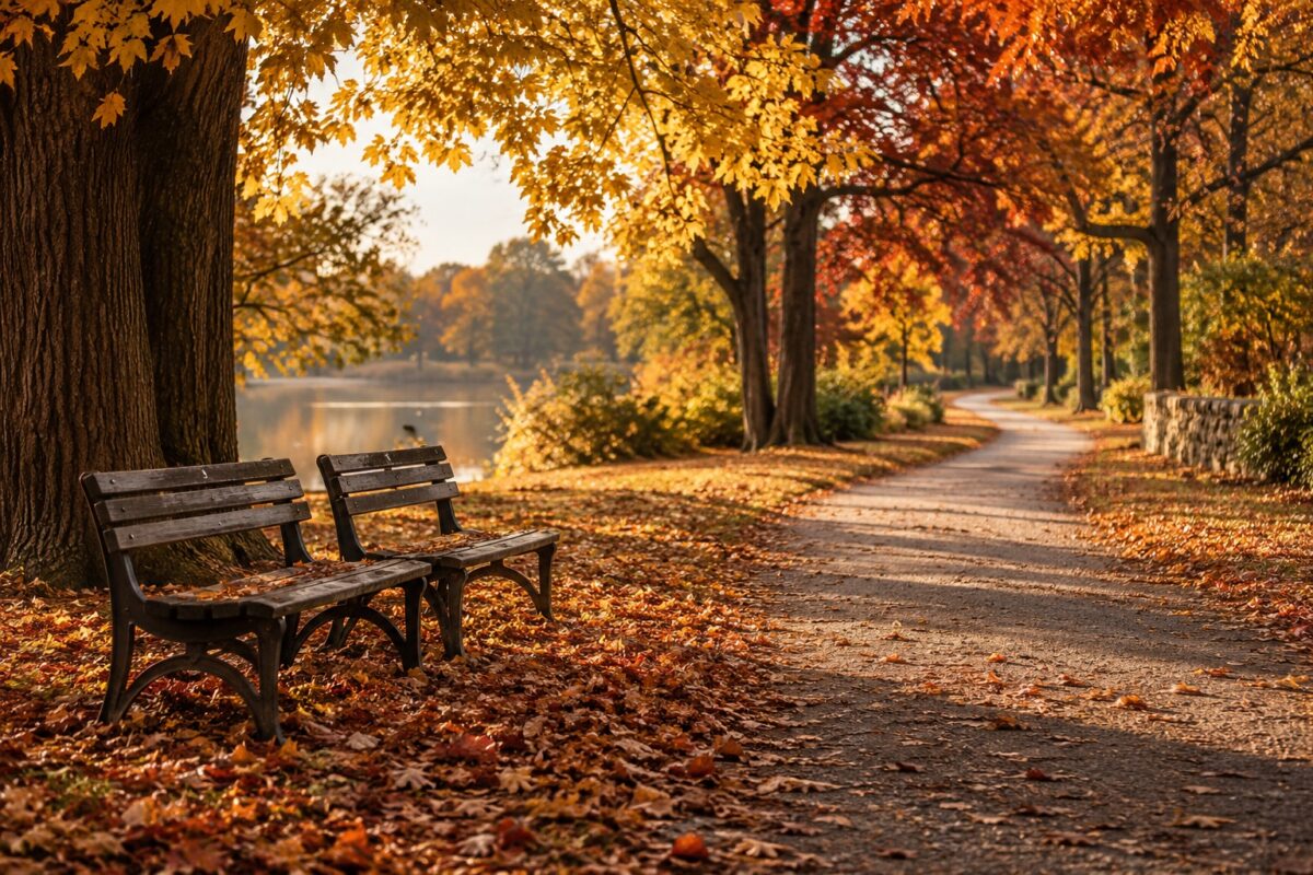 Two empty benches beside a sunlit autumn path, with golden leaves and a quiet lake beyond.