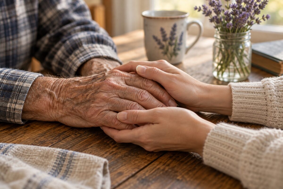 Close-up of an older man's hands and an adult woman's hands resting together on a wooden table.