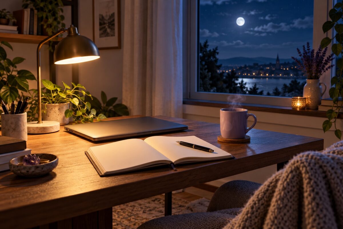 A journal, closed laptop, and lavender mug on a cozy desk illuminated by a lamp at night.