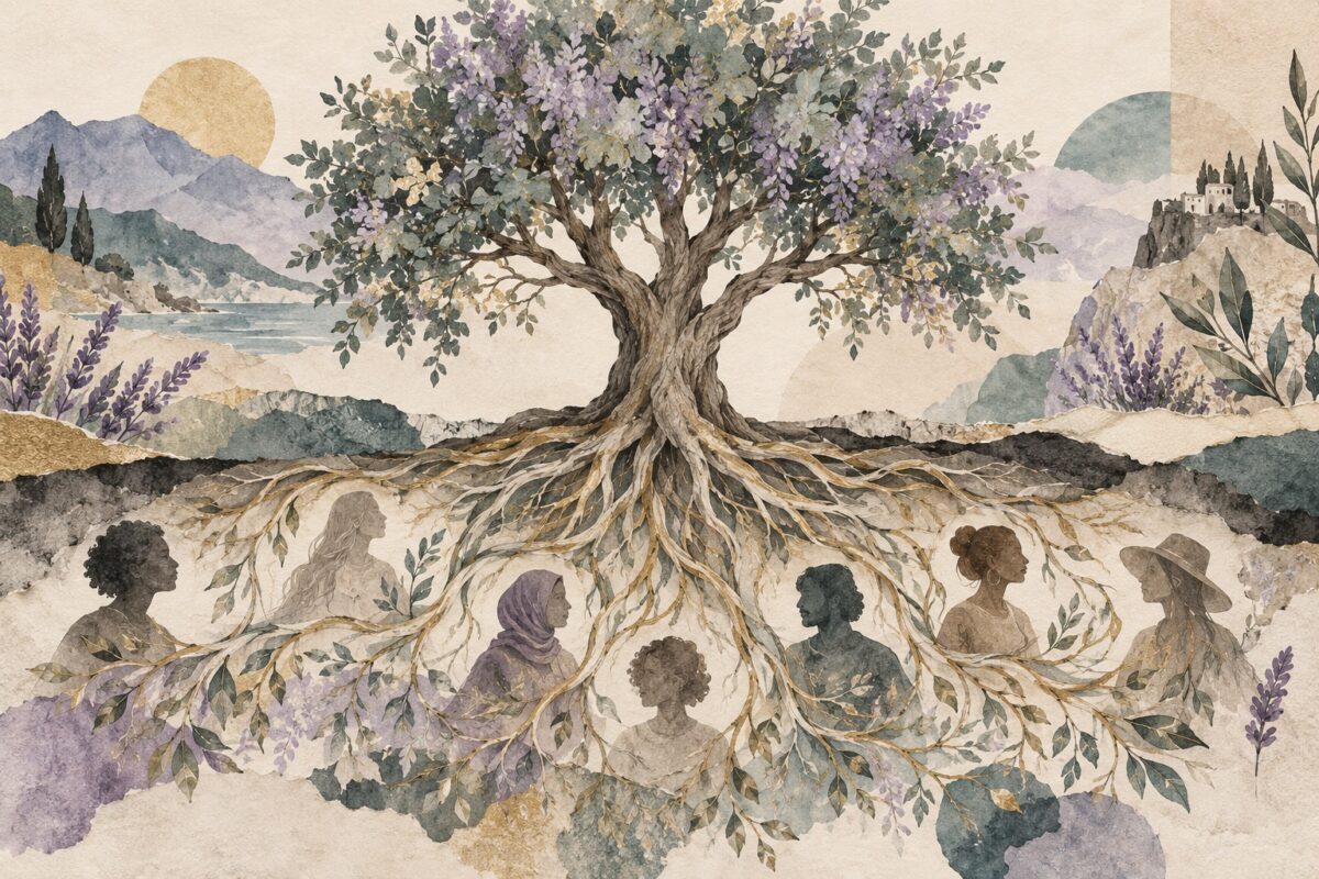 Watercolor illustration of a tree with intricate roots and softly suggested human silhouettes.