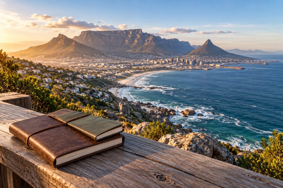 Two travel journals on a wooden lookout overlooking Cape Town’s coastline and Table Mountain.